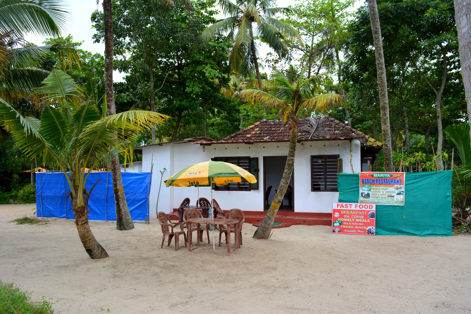 A small restaurant with clay tile roof surrounded by sand, coconut palm trees, and other trees