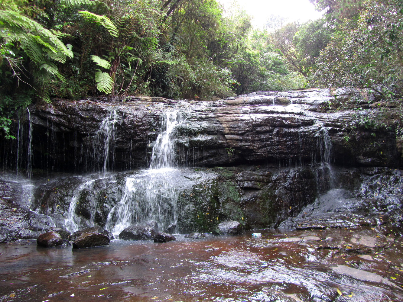 A waterfall descending a series of two large rock steps