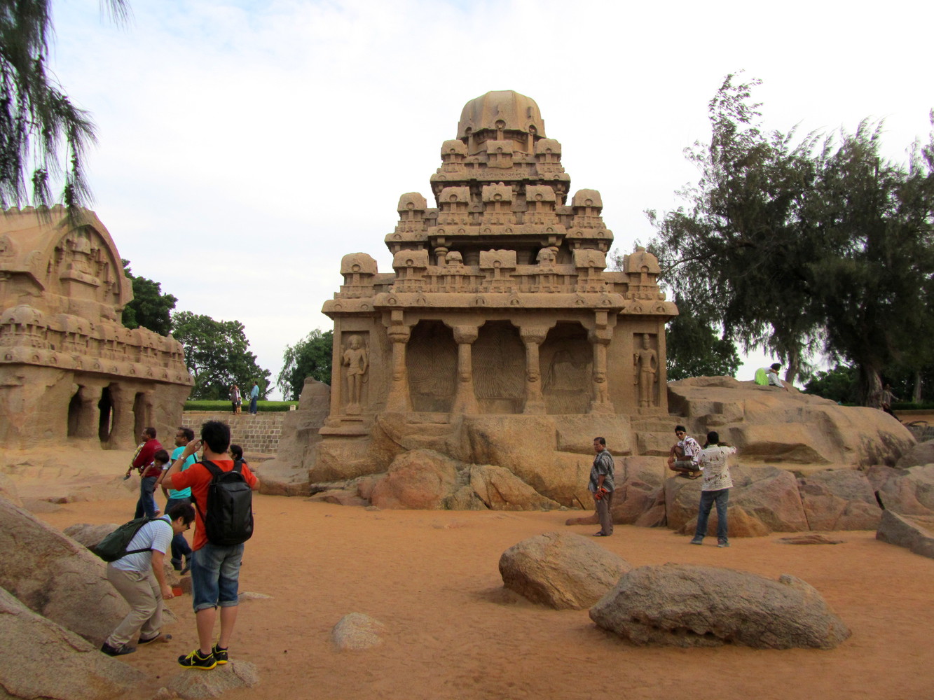 A monolithic granite monument known as Dharmaraja Ratha; it has a pyramidal structure which rises in three steps