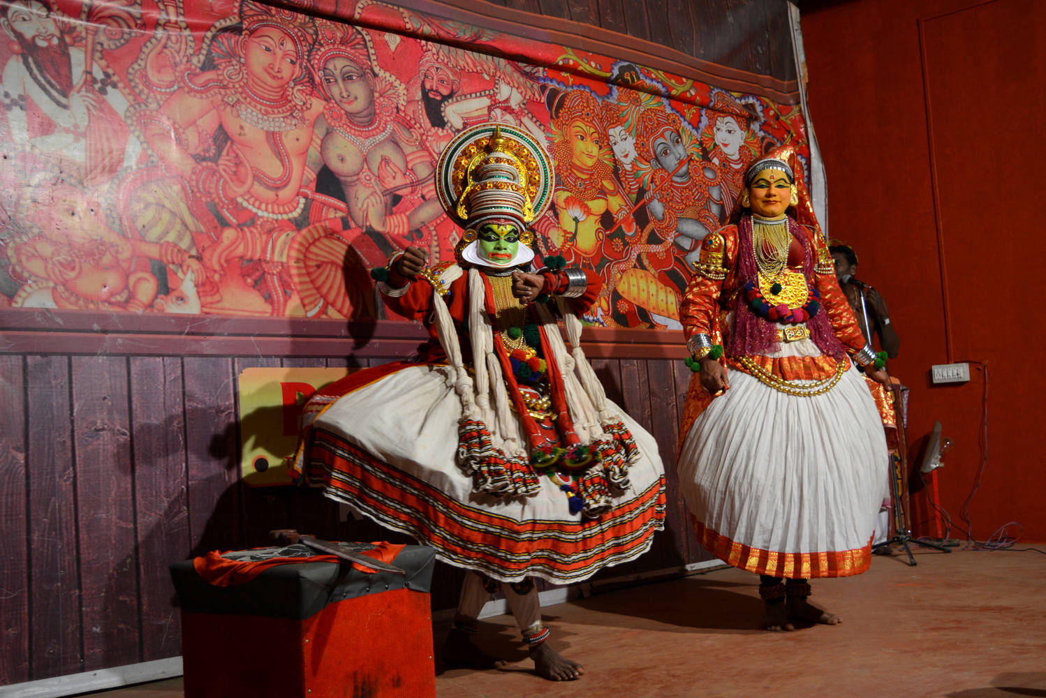 Two Kathakali artists dancing