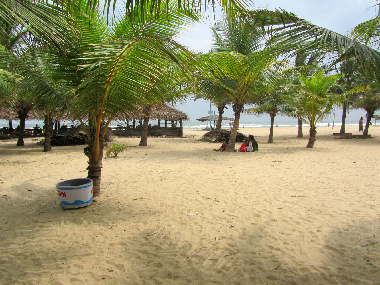 Palm trees on beach, thatched shelters behind the trees, and the sea behind the shelters